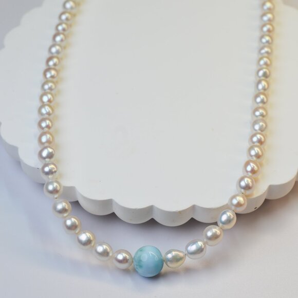 Larimar & Freshwater AK Pearl Necklace 18-20" Sterling Silver - Picture 4 of 8